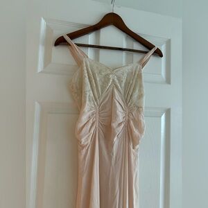 Vintage Silk Blush Pink Lace Nightgown Dress w/ Ruched Bodice
